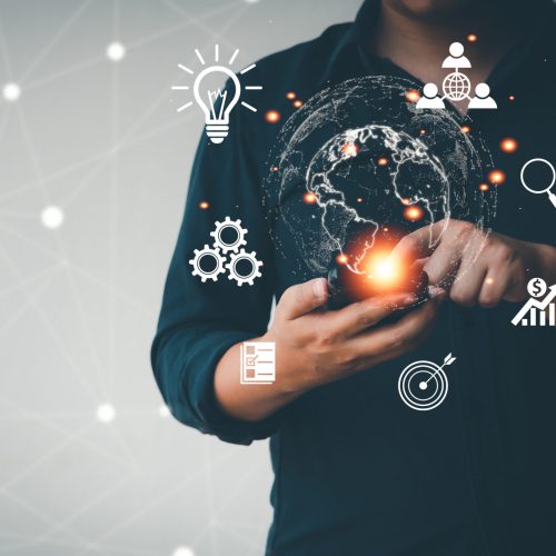 Businessmen use smartphones to conduct online transactions with modern internet technology. global information communication concept by contacting via internet, big data, online marketing